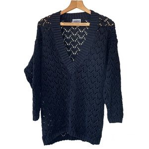 Vintage Croquet Club, black, crochet, V-neck long sleeved sweater. Women’s L